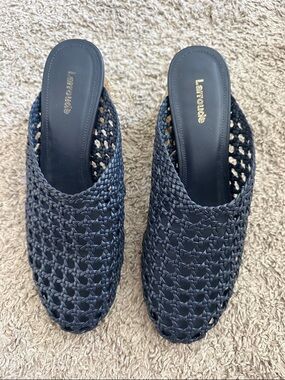 Larroude Navy Woven Slide Mules